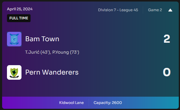 #BamBam season started well, two matches, two wins, and Bam Town is topping #Division7 #League45

Defense won another clean sheet, and Juric opened visitors from Pern, while Young secured victory in second half

off to third round against #Culmsley Rangers

#BamBam #Footium