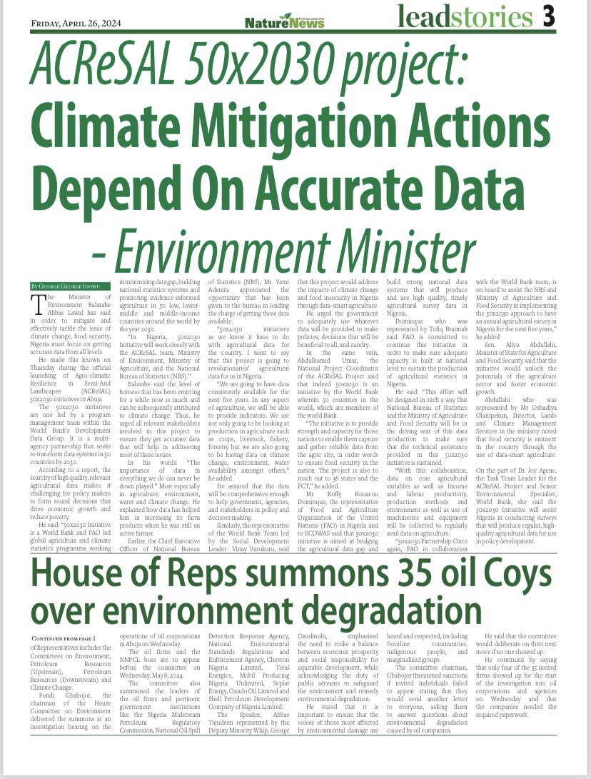 Official inauguration of ACReSAL 50x2030 Survey Program on NetureNews cover page. @BalarabeAbbas_ @FMEnvng @environewsng @FmardNg @iganya @NTANewsNow @WBG_Nigeria