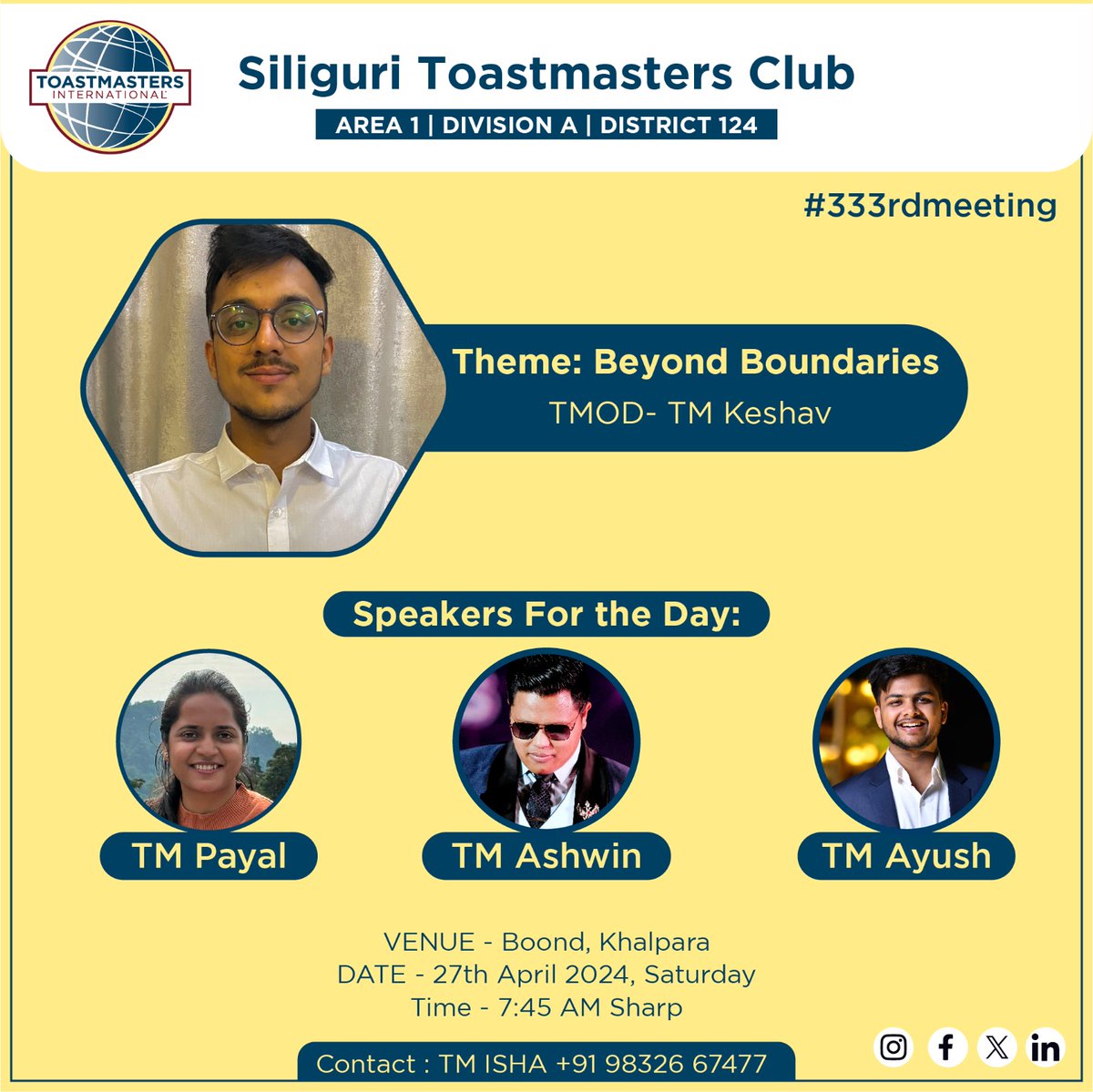 Toastmaster of the Day TM Keshav Agarwal will take us on a journey of possibilities and growth with the theme 'Beyond Boundaries'. 🌈 Let's embrace new horizons, break barriers, and unleash our full potential together. 🌟🌏 #Toastmasters #BeyondBoundaries #PersonalGrowth