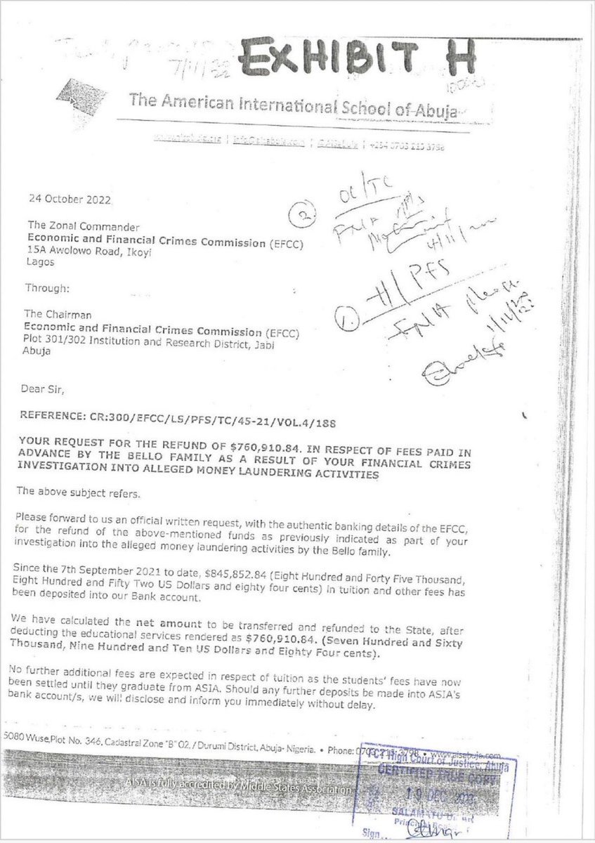 BREAKING NEWS : @officialEFCC requested the American International School of Abuja to refund the $845,000 school fees payment made by Yahaya Bello Below is the school's response: 👇👇👇👇