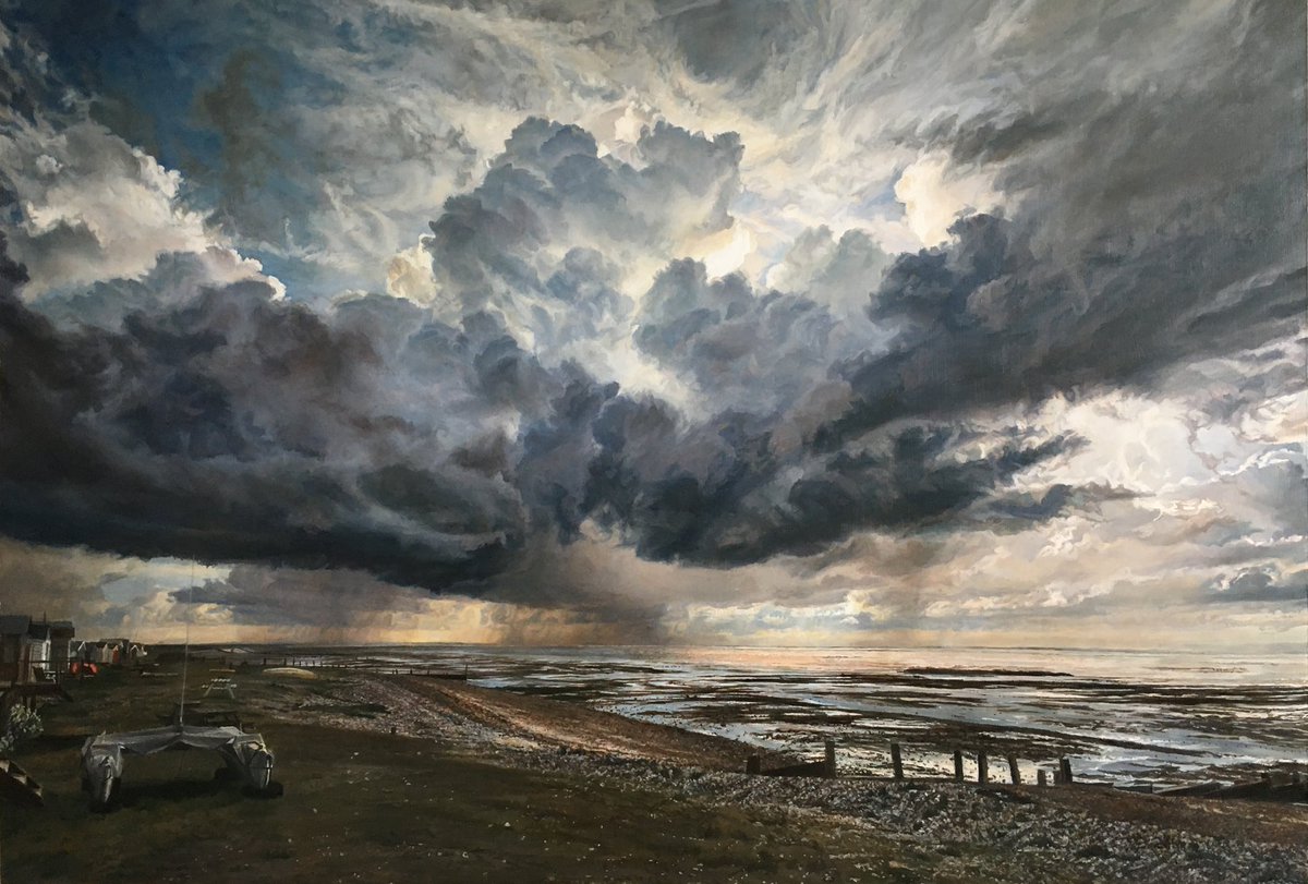 Evening painting of Seasalter, Kent. 75 x 105cms, oil on panel. Finished at last. Glad to have had the dramatic weather this winter to work from, but would like a break from the rain please. #oilpainting #stormysky #landscape #Kent #clouds #paintings #landscapeartists #evening