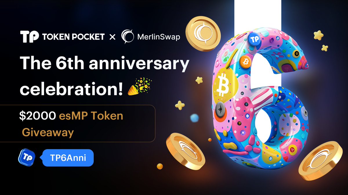 🎇Happy #TP6Anni!! 💙Join and win $2000 esMP Tokens Giveaway on @Galxe! 👉galxe.com/TokenPocket/ca… 🟧@MerlinSwap stands as the 1# Decentralized Exchange in the #Bitcoin ecosystem, aimed to become the liquidity hub for BTC and Bitcoin eco-assets, including #BRC20, #BRC420 and…