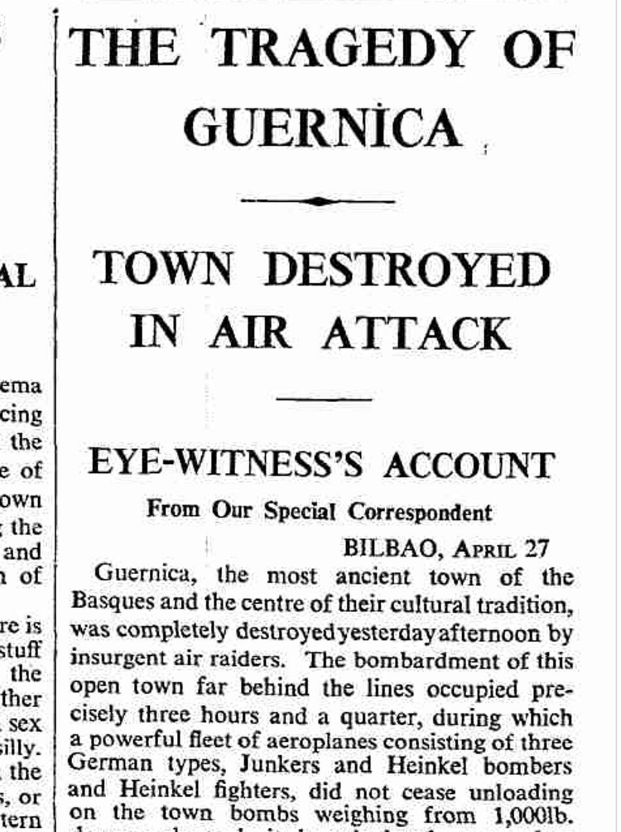 At around 1630 today on 26 April 1937, the Nazi Condor Legion with never admitted support of General Franco began its murderous destruction of the Basque town of Gernika. This is a cutting from The Times of the famous article by George Steer denouncing the atrocity the next day