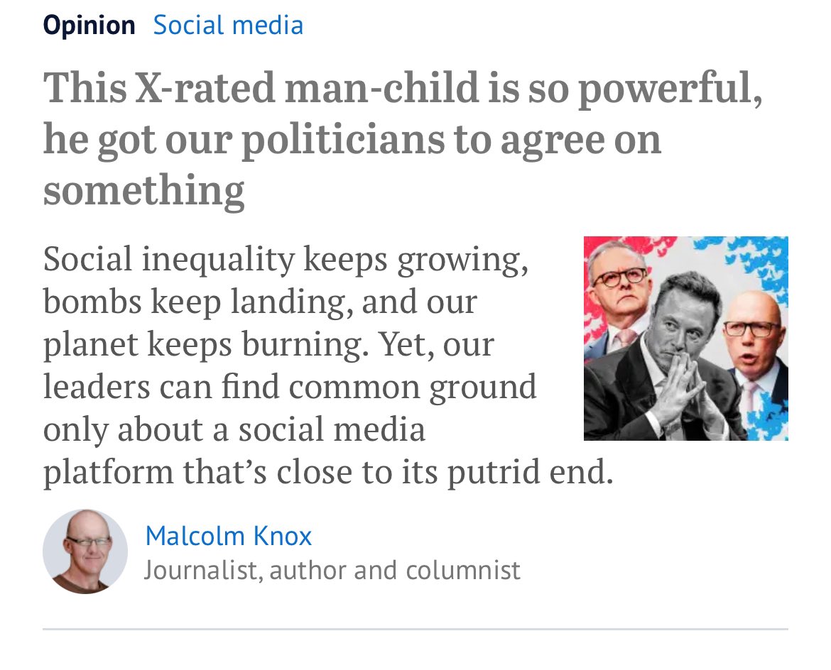 Who is Malcolm Knox? Why does he refer to @elonmusk as an X-rated man-child?

Is Labor about to shut down X?

Otherwise why does this guy say X is ‘a social media platform that’s close to its putrid end’?

#eKaren 
#censorship