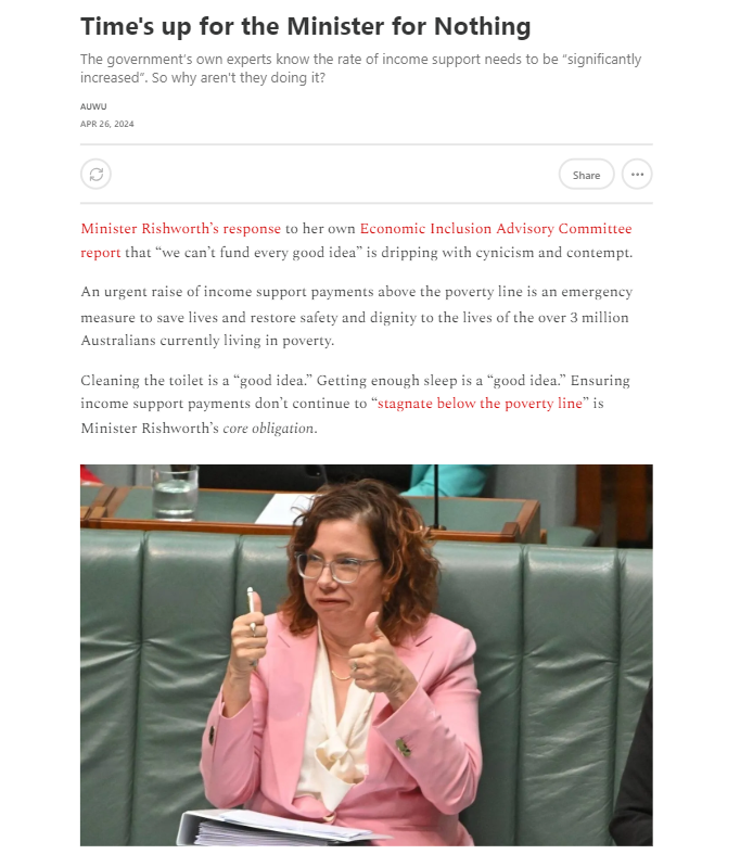 After her own Committee (again) recommended to #RaiseTheRate, Minister Rishworth said that government 'can't fund every good idea' — a statement that's dripping with cynicism and contempt. Our full response here: auwu.substack.com/p/times-up-for…