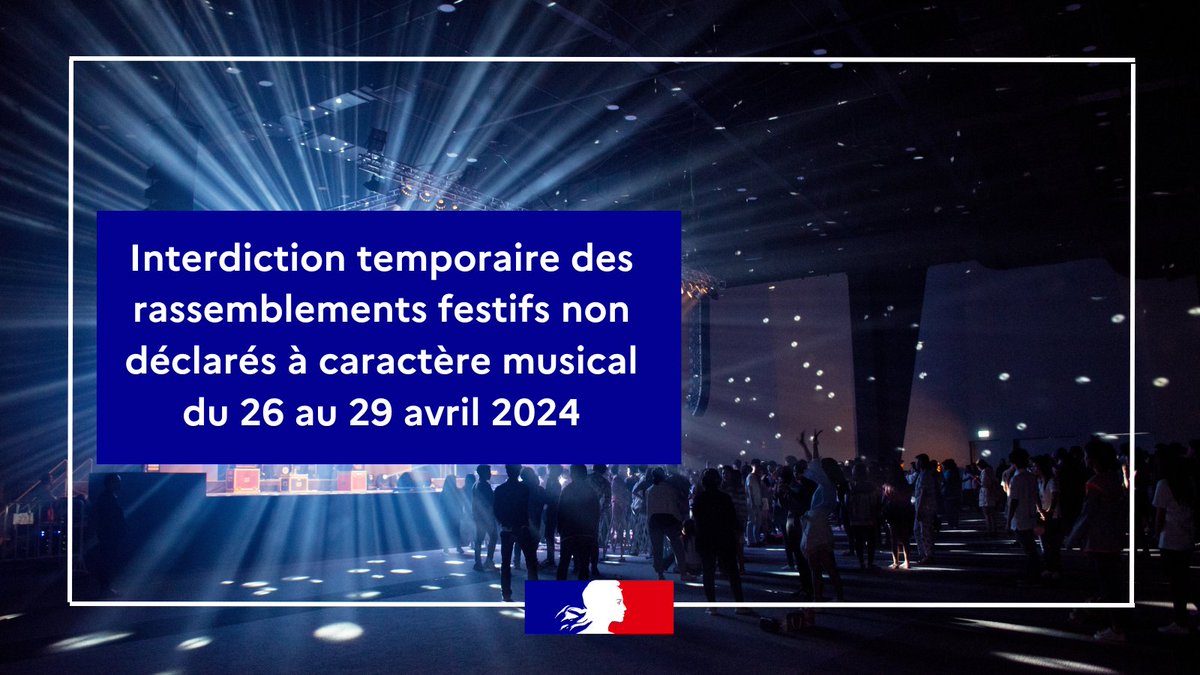 📢 #CommuniquéDePresse Afin de prévenir les risques de troubles à l'ordre public et pour votre #sécurité, @Prefet86 interdit : ❌Tout rassemblement festif à caractère musical non autorisé 📅 Du vendredi 26 au lundi 29 avril 2024 ➕ d'infos : vienne.gouv.fr/contenu/telech…