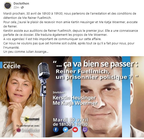 Mardi prochain à 18h30, nous parlerons sur les conditions de détention de Me Reiner Fuellmich et des actualités de son procès pénal qui se révèle de plus en plus comme un coup monté. Nous avons besoin de vous tous pour faire connaître ce scandale ! 

#FreeReiner #ReinerFuellmich