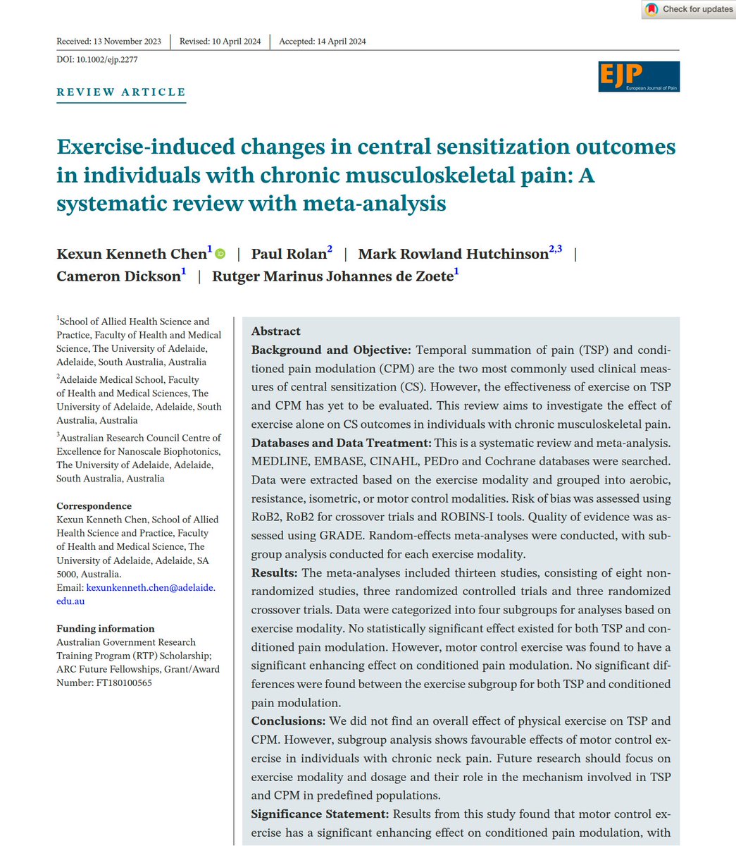 Exercise-induced changes in central sensitization outcomes in individuals with chronic musculoskeletal pain: A systematic review with meta-analysis 👇👇👇 pubmed.ncbi.nlm.nih.gov/38662515/