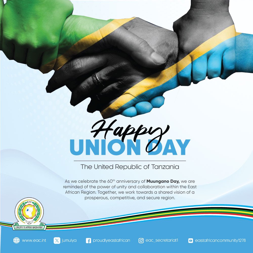 🍁 60 years ago, mainland Tanganyika and the island of Zanzibar came together to form the United Republic of Tanzania. The EAC joins in celebrating the commemoration of this formidable Union. @ikulumawasliano @ikuluzanzibar @SMannette1 @AguerAriik @EA_Bunge @EACJCourt