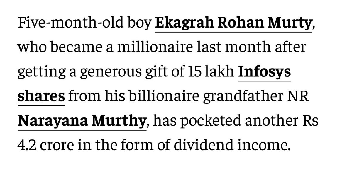 Brahmtas like Narayan Murthy will give lectures abt working hard overtime to others while gifting their 5month old grandson 15lakh shares. Did the 5 month old earn it? Oh wait I guess he was born meritorious 🌝🌝🌝