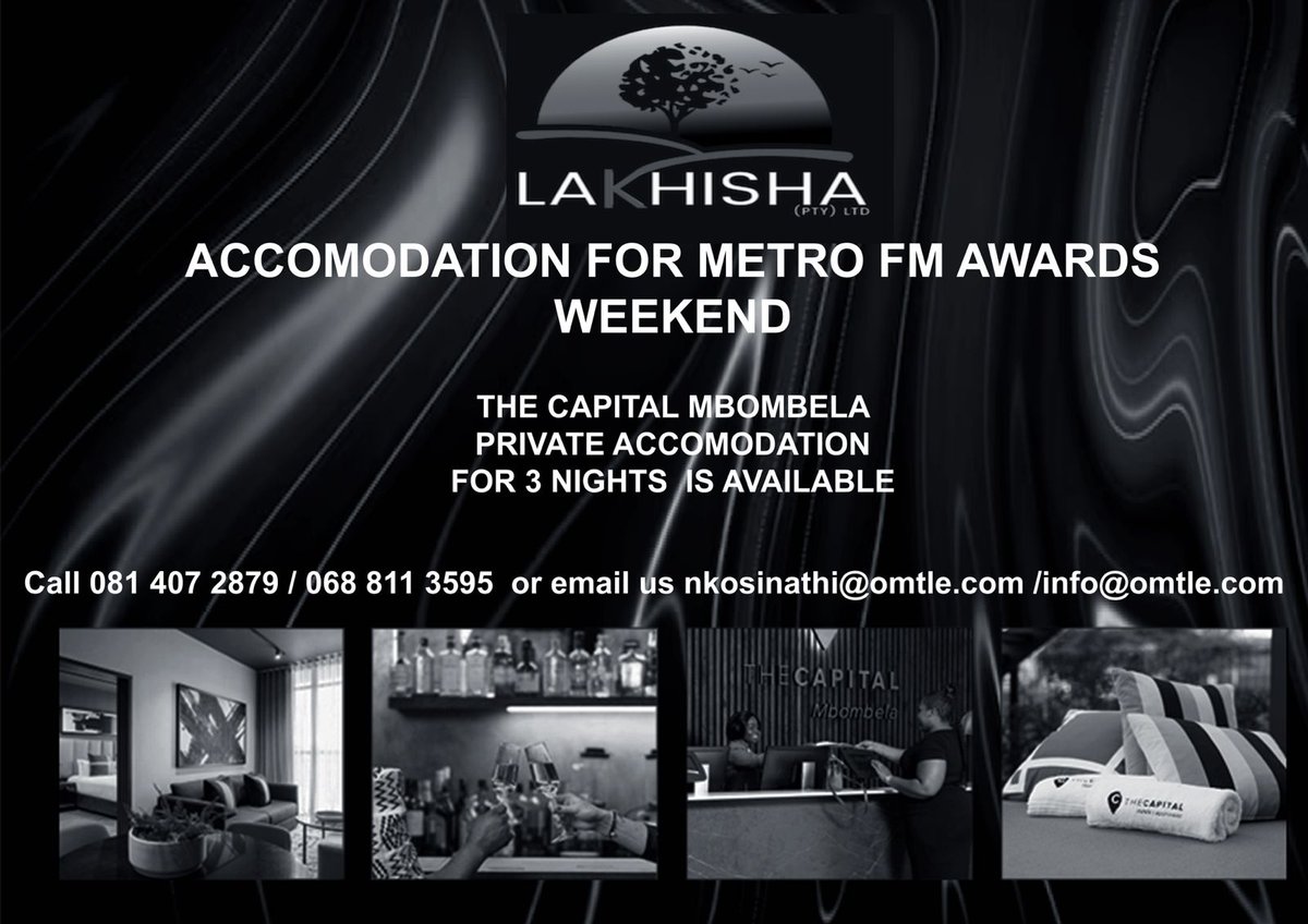 Immerse yourself in luxury at the Metro FM Music Awards Accommodation weekend with our exquisite one-bedroom apartment. Experience unparalleled comfort and sophistication during your three-night stay from today until the 29th of April, 2024. Secure your booking now.
