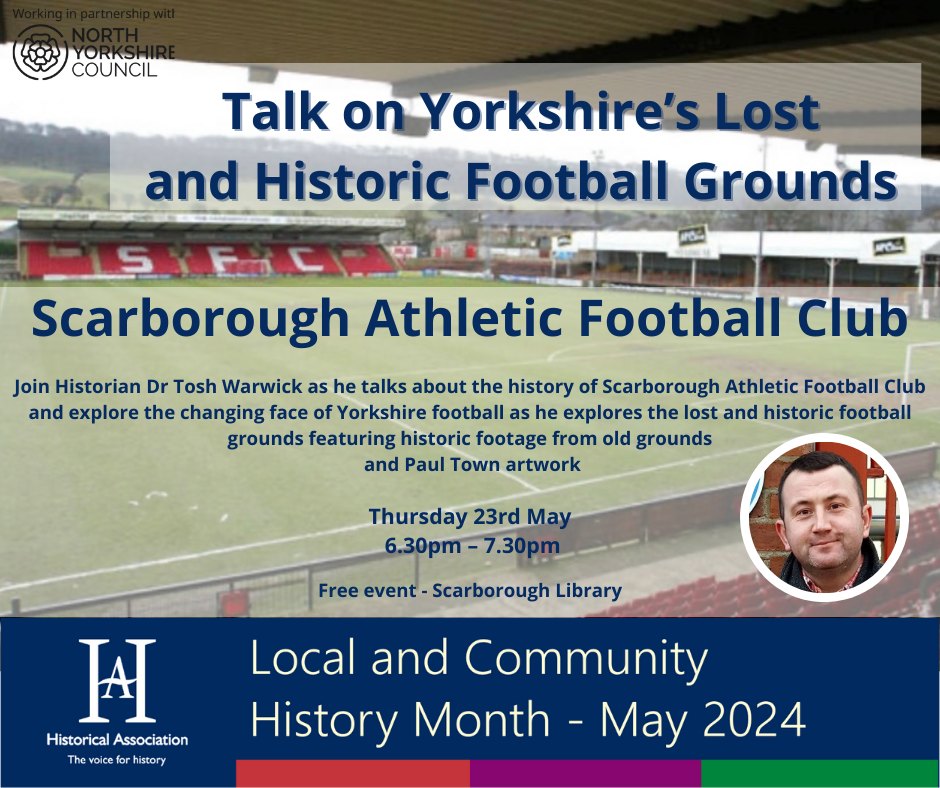 Check out this upcoming event from Scarborough Library during their local history month 👇 Historian Dr Tosh Warwick will explore the changing face of Yorkshire football including the history of the club! This is a free event but booking is essential: eventbrite.co.uk/e/yorkshires-l…