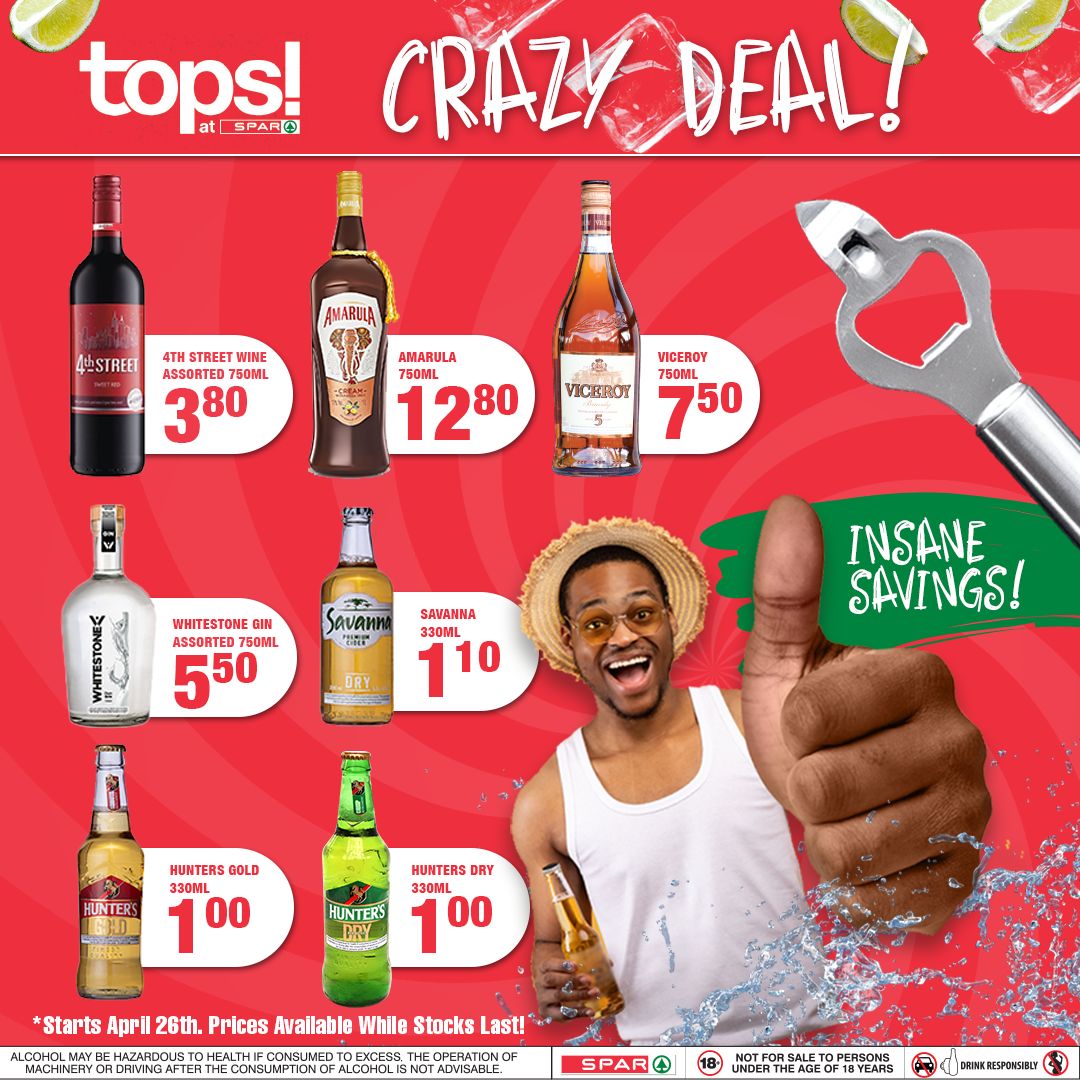Celebrate the weekend with killer liquor deals at Tops at SPAR! Stock up on wines, spirits & more at fantastic prices. Don't miss out, head to your nearest Tops at SPAR!

 #WeekendVibes #LiquorDeals #WineLovers #HappyHour #TopsAtSPAR #WeekendSpecials