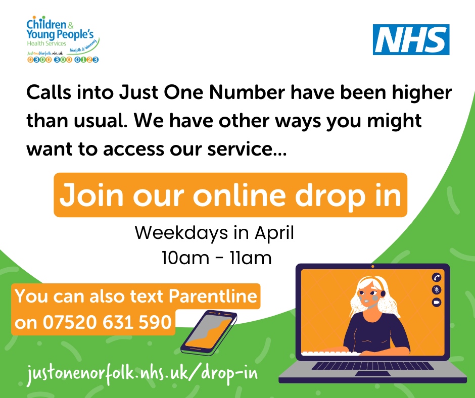 Need to see a health professional? Our online drop in is a great way to get advice. Join weekdays between 10am and 11am here: JustOneNorfolk.nhs.uk/drop-in💻