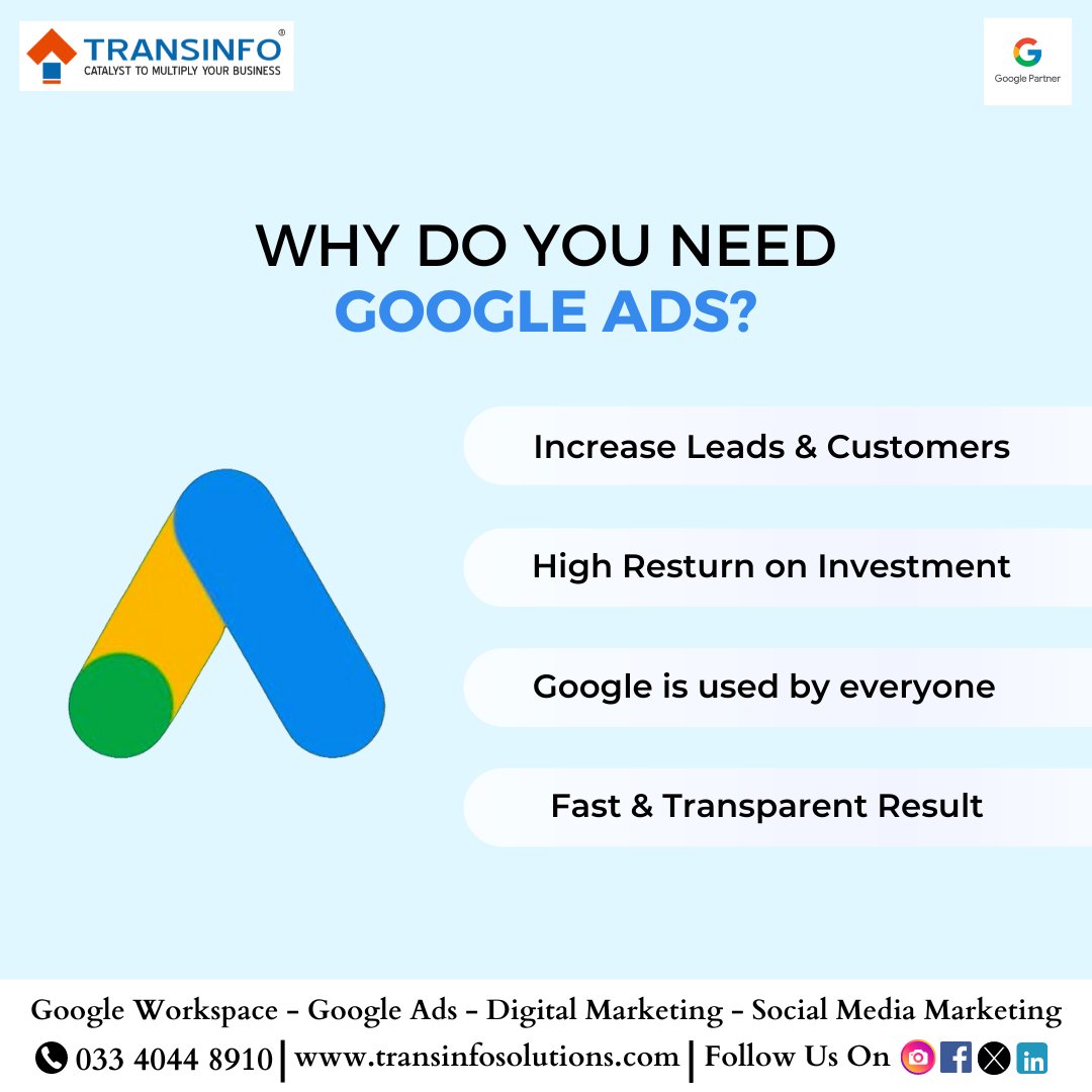Grow your Business multifold with Google Ads !

Connect to our Team of Google Ads Experts at Transinfo Solutions to transform your Business !

#GoogleAdExperts #GoogleAds #GooglePartner #TransinfoSolutions #Transinfo