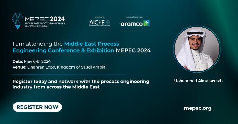 Join me and 5000+ attendees at #MEPEC2024 – The Middle East’s definitive conference and exhibition in digitalizing #processengineering. See you from May 6-8, 2024 at the Dhahran Expo, Kingdom of Saudi Arabia. Get your complimentary pass now: mepec.org/registration