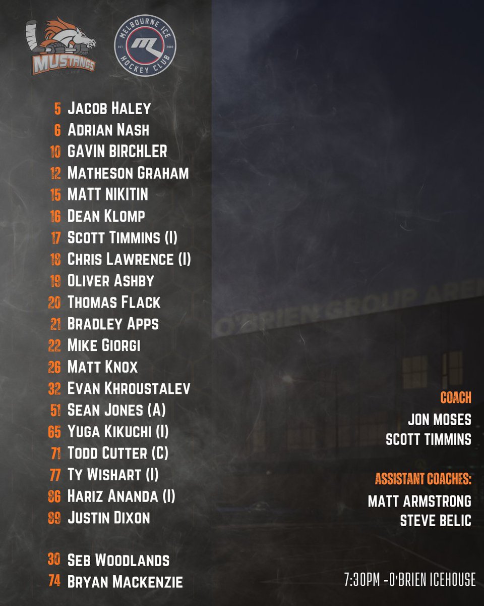 Here is the lineup for tonight's game!

First derby... here we go! 

#MelbourneMustangs #bleedorange #believeorange #AIHL