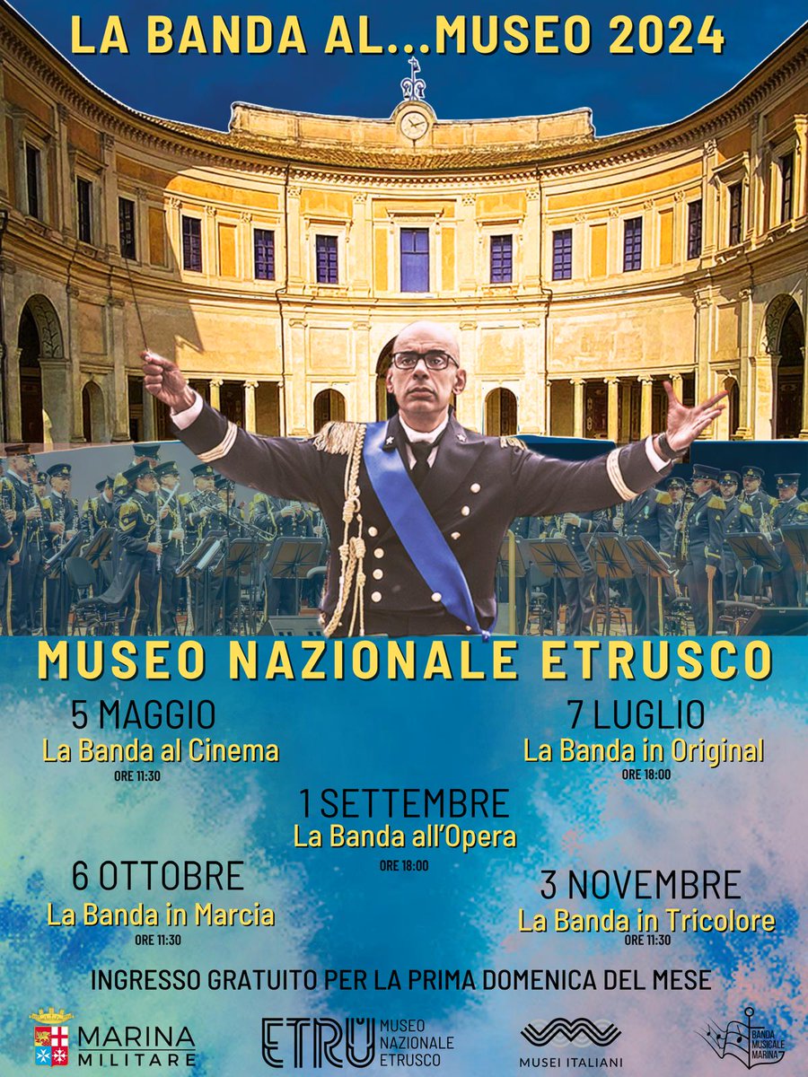 Da maggio a novembre, ogni prima domenica del mese ad ingresso gratuito, tornano al Museo Nazionale Etrusco di Villa Giulia i concerti della Banda Musicale della Marina Militare. 
@museitaliani @MiC_Italia #museitaliani #marinamilitare #domenicalmuseo