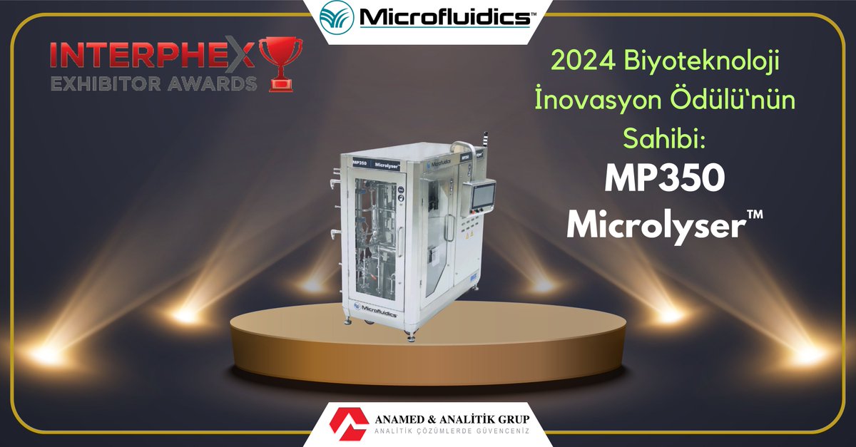 Türkiye Distribütörü olduğumuz; Microfluidics International Corporation'un, yeni #MP350 Microlyser™ İşlemci'si, prestijli 2024 Biyoteknoloji İnovasyon Ödülü'ne layık görüldü.