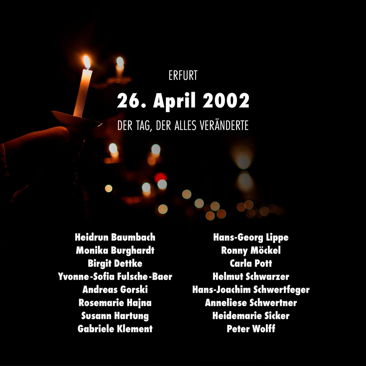 Der 26. April 2002 schockierte unser Land. Zwölf Lehrer, zwei Schüler, eine Sekretärin und ein Polizist starben am Gutenberg-Gymnasium durch die Hand eines ehemaligen Schülers. Der Täter richtete sich selbst. Das unermessliche Leid beschäftigt uns immer wieder aufs Neue.