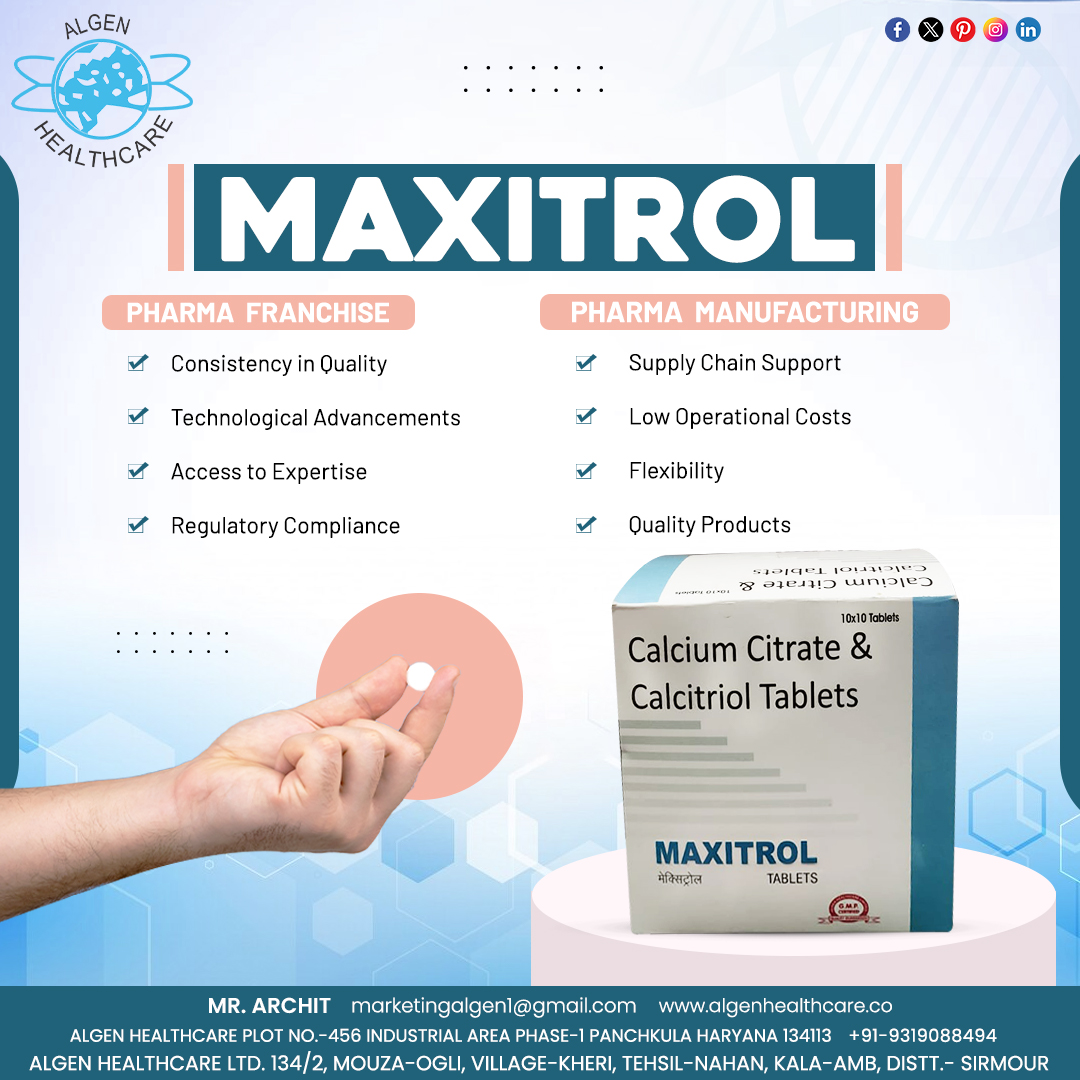 Algen Healthcare is an ISO-certified Third Party Manufacturing Company offering 'MAXITROL' tablets for PCD Pharma Franchise Businesses across PAN India at an affordable cost.

Call: +91 9319088494
algenhealthcare.co
Email: marketingalgen1@gmail.com

#pharmafranchise
