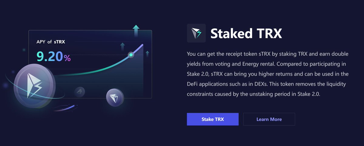 🙌Experience the 'Staked TRX' feature on #JustLendDAO with 9.20% staking APY 'Staked TRX' provides users with both staking yields and liquidity, increasing the flexibility and efficiency of funds. ➡️Stake your $TRX to get sTRX and earn double yields app.justlend.org/?lang=en-US#/s…