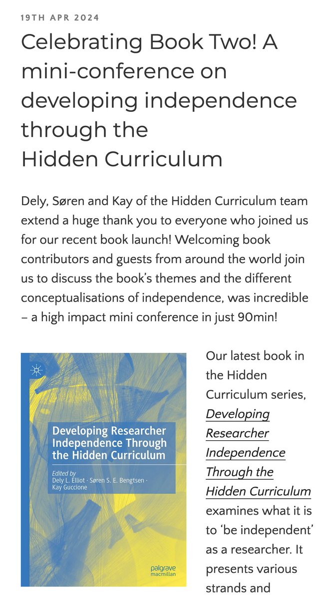 We had an online book launch of 'Developing Researcher Independence through the Hidden Curriculum! 🥳

Thanks very much to my co-editors - Kay &amp; Soren, all speakers, book contributors &amp; delegates. If you missed it, you can watch some presentations here 

drhiddencurriculum.wordpress.com/2024/04/19/cel…