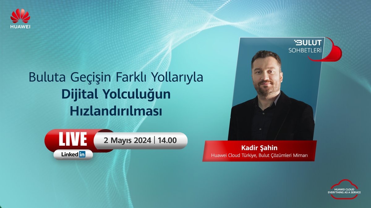 #BulutSohbetleri LinkedIn canlı yayınlarımızla dijital yolculuğumuza devam ediyoruz.

Bulut ile ilgili tüm sorularınız için canlı yayınımızı kaçırmayın!

linkedin.com/feed/update/ur…

#Huawei #HuaweiCloud