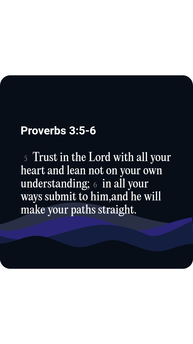 I'd love to share the Verse of the Day with you! Proverbs 3:5-6 NIV [5] Trust in the Lord with all your heartand lean not on your own understanding;[6] in all your ways submit to him,and he will make your paths straight. link.bible.app/link/JRqa