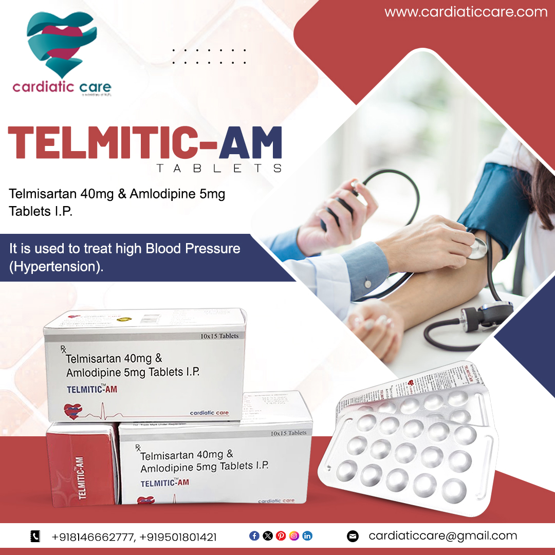 Cardiatic Care is a third-party manufacturing Company offering 'TELMITIC-AM' tablets for PCD Pharma Franchise Businesses in India that treat high blood pressure.

Website: cardiaticcare.com
Email: cardiaticcare@gmail.com
Call: +91 9501801421 | 081466 62777

#pharmafranchise