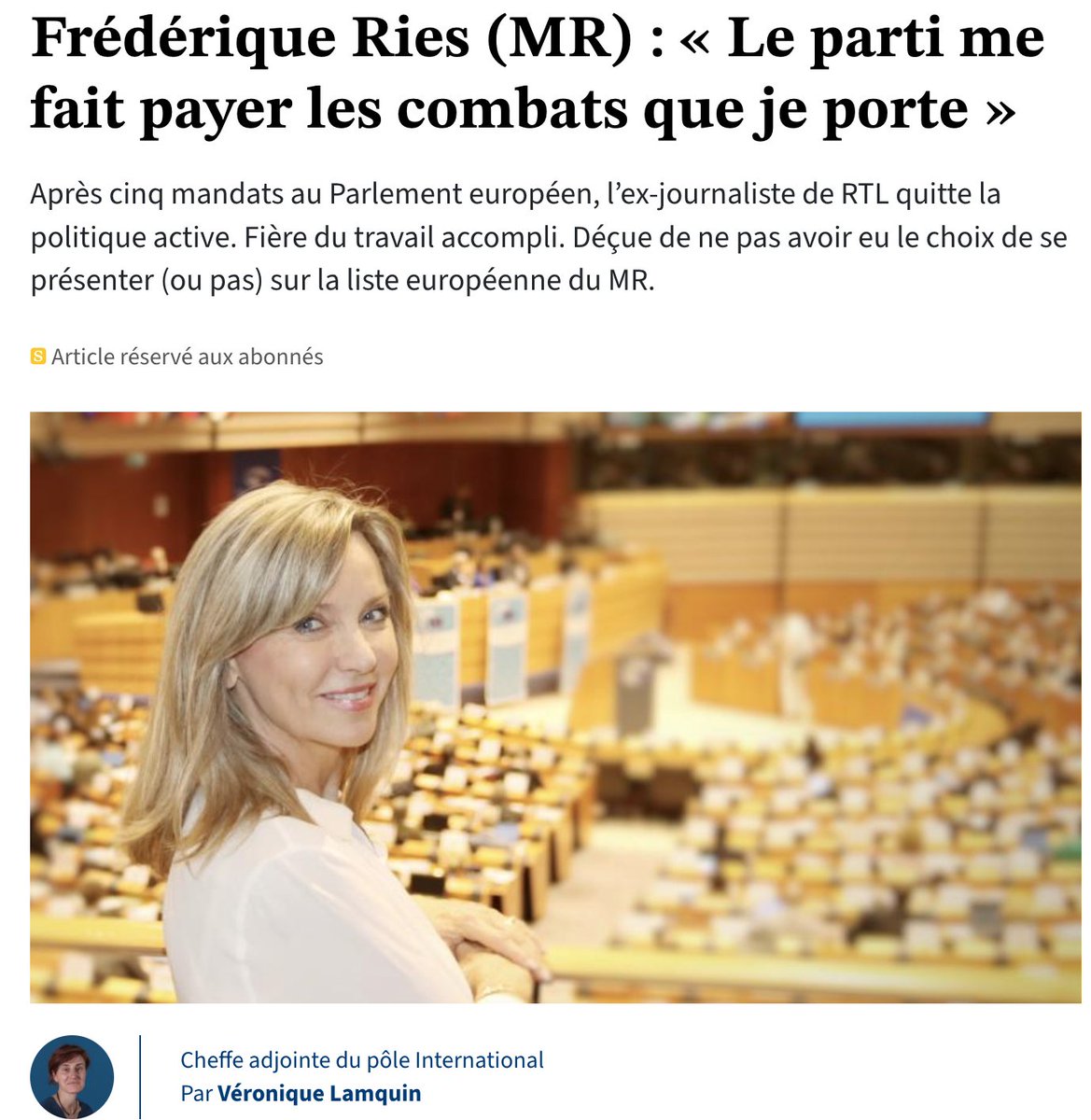 La future ex-députée européenne @Frederiqueries à @vlamquin pour @lesoir. Extraits: 'Sous cette présidence du #MR , la première chose qui a été kidnappée, dans le parti, c’est la liberté d’expression.' -'Pour la loi sur la restauration de la #nature, une dizaine de jours avant…