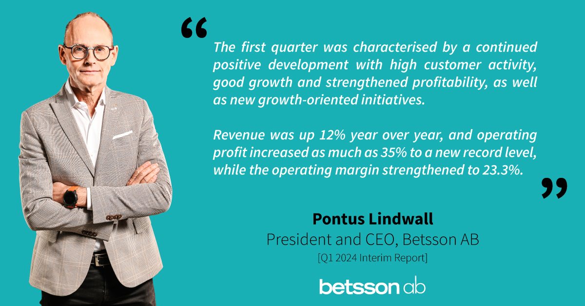 Q1'24: Betsson's revenue increased by 12%, operating profit jumped 35%, margin at 23.3%. CEO Pontus Lindwall aims for long-term stable growth through geographic and market diversification. Excitement builds for summer football with enhanced offerings.

EN: betssonab.com/en/press/betss…