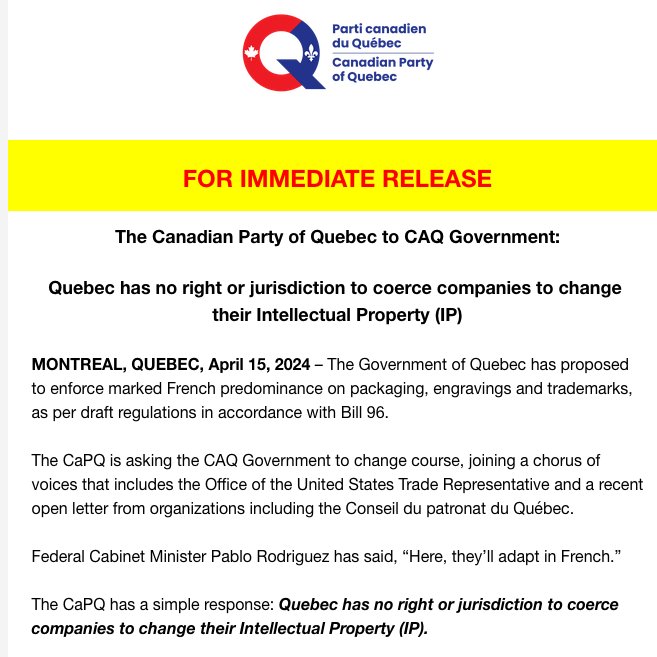 quebec has NO RIGHT to force companies to change their intellectual property. Unfortunately bill 101/96 says they do.
We as FREE 🇨🇦Canadians must unite & have oppressive legislation repealed. 
Our country, our province must start embracing FREEDOM & END divisive Qc language laws.