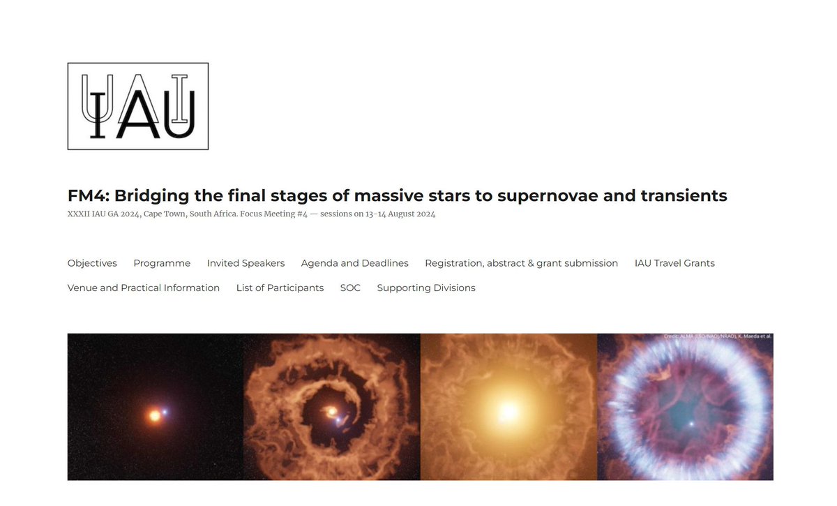 The IAU Focus Meeting 4 on 'Bridging the final stages of massive stars to supernovae and transients' will be held at the XXXII IAU General Assembly in Cape Town, South Africa, on August 13-14, 2024. mssn-iau2024.utu.fi #IAUFM4 #IAUGA2024