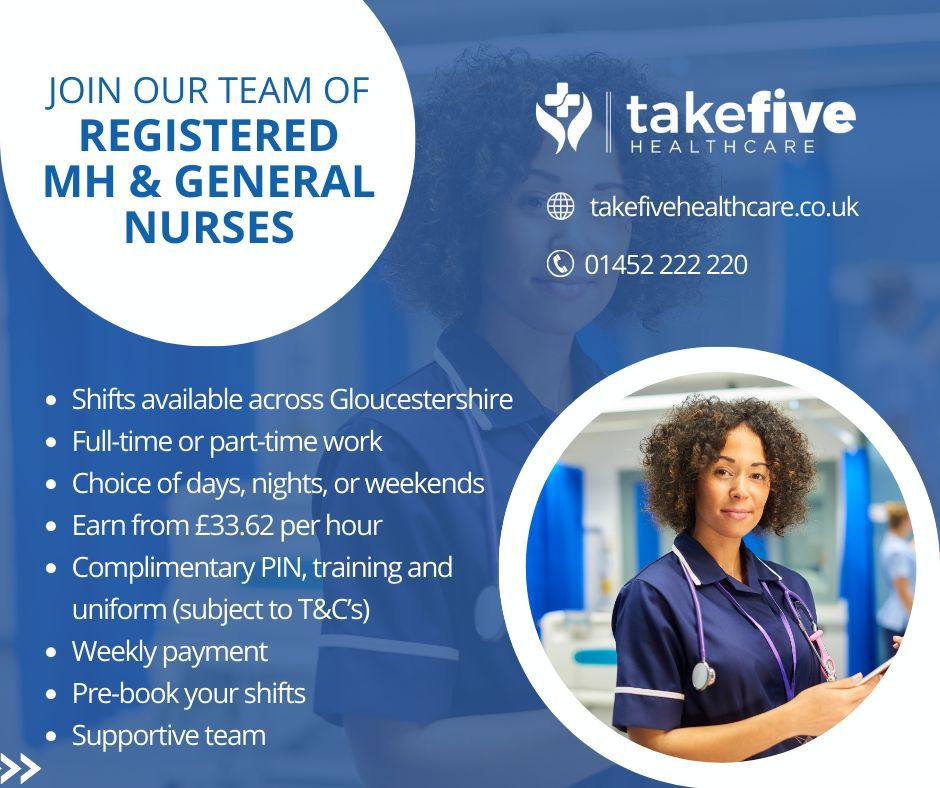 🗣️📣 Calling Registered General Nurses and Mental Health Nurses across Gloucestershire!👩‍⚕️👩🏾‍⚕️👨‍⚕️👨🏾‍⚕️ Are you seeking regular and/or ad-hoc work, within a compassionate team? Register to join our team at #TakeFiveHealthcare! 👉 takefive-jobs.tribepad-gro.com/jobs/job/Regis… 👉 takefive-jobs.tribepad-gro.com/jobs/job/Regis…