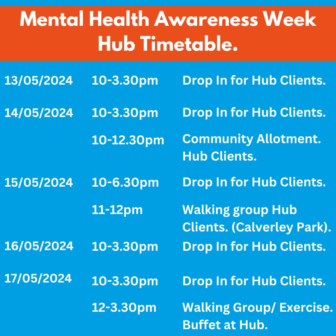 On #MentalHealthAwarenessWeek, (13-19th May), we'll be moving more for our mental health. 💚 

The Hub has a packed timetable during the week, & clients will be enjoying some #MomentsForMovement with walks & allotment visits.

To access the Hub 👉 buff.ly/3ibDO5V