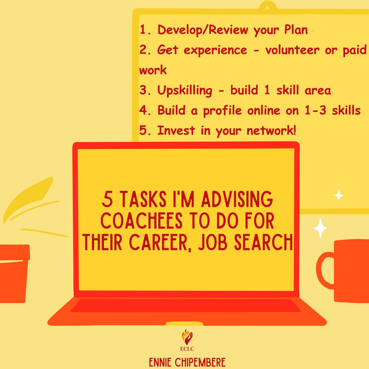 5 tasks I'm advising coachees to do for their career development or job search

1. Develop or review your Plan
2. Get experience—volunteer or paid work
3. Upskilling: build one skill area
4. Build a profile online on 1-3 skills
5. Invest in your network!

#CoachEnnie #careercoach