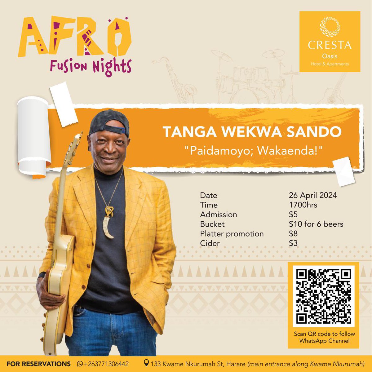 This Friday's live entertainment is brought to you by
Tanga Wekwa Sando
“Paidamoyo; Wakaenda!”

Afro Fusion Nights at its best!!

#crestaoasis
#africanroots
#threadsofstrenght&comfort
#tangawekwasando
#hotelinharare
#whereonesmilestartsanother!
#liveentertainment