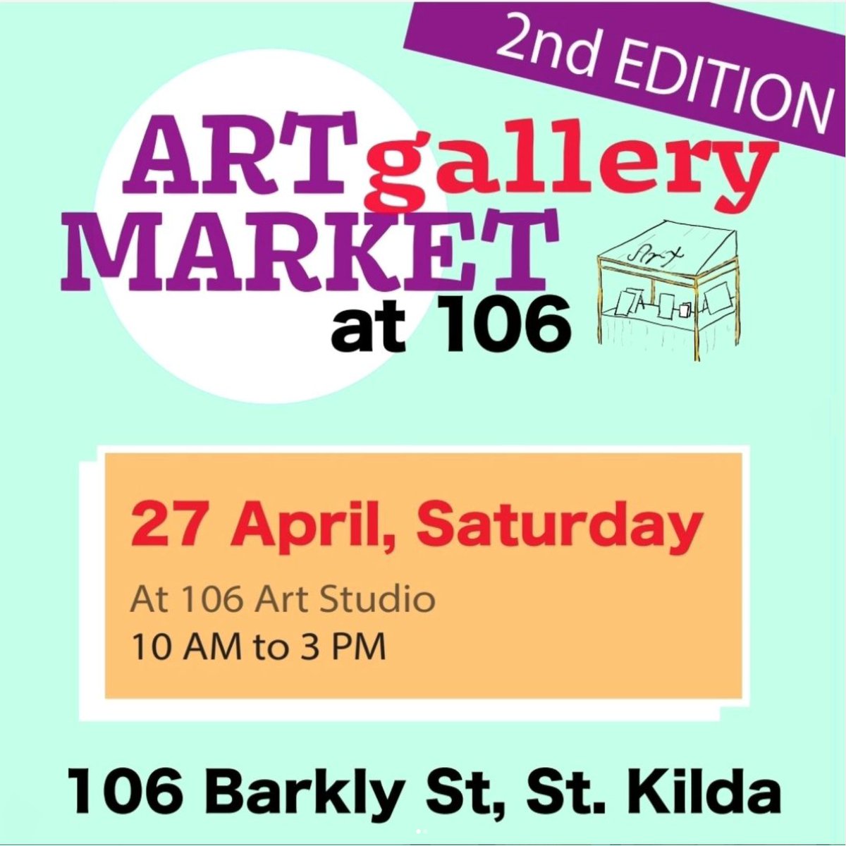 St Kilda friends, please join us for our second ART GALLERY MARKET 10am- 3pm tomorrow Sat 27 April, 2024. Just come on up to the top of the stairs, meet some artists, buy some art. Just say hi. Top floor, 106 Barkly Street, St Kilda. Boonwurrung Country. <a href="/106art/">106 Art - Studios and Gallery, St Kilda</a>