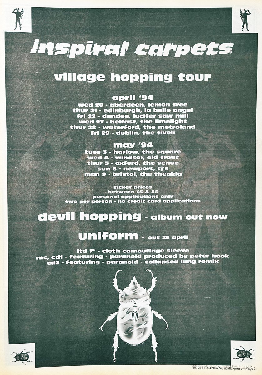 30 years ago Inspiral Carpets were out on a UK and Ireland tour promoting the album Devil Hopping. Who went to any of these gigs? (Some sadly missed venues in the list😔)