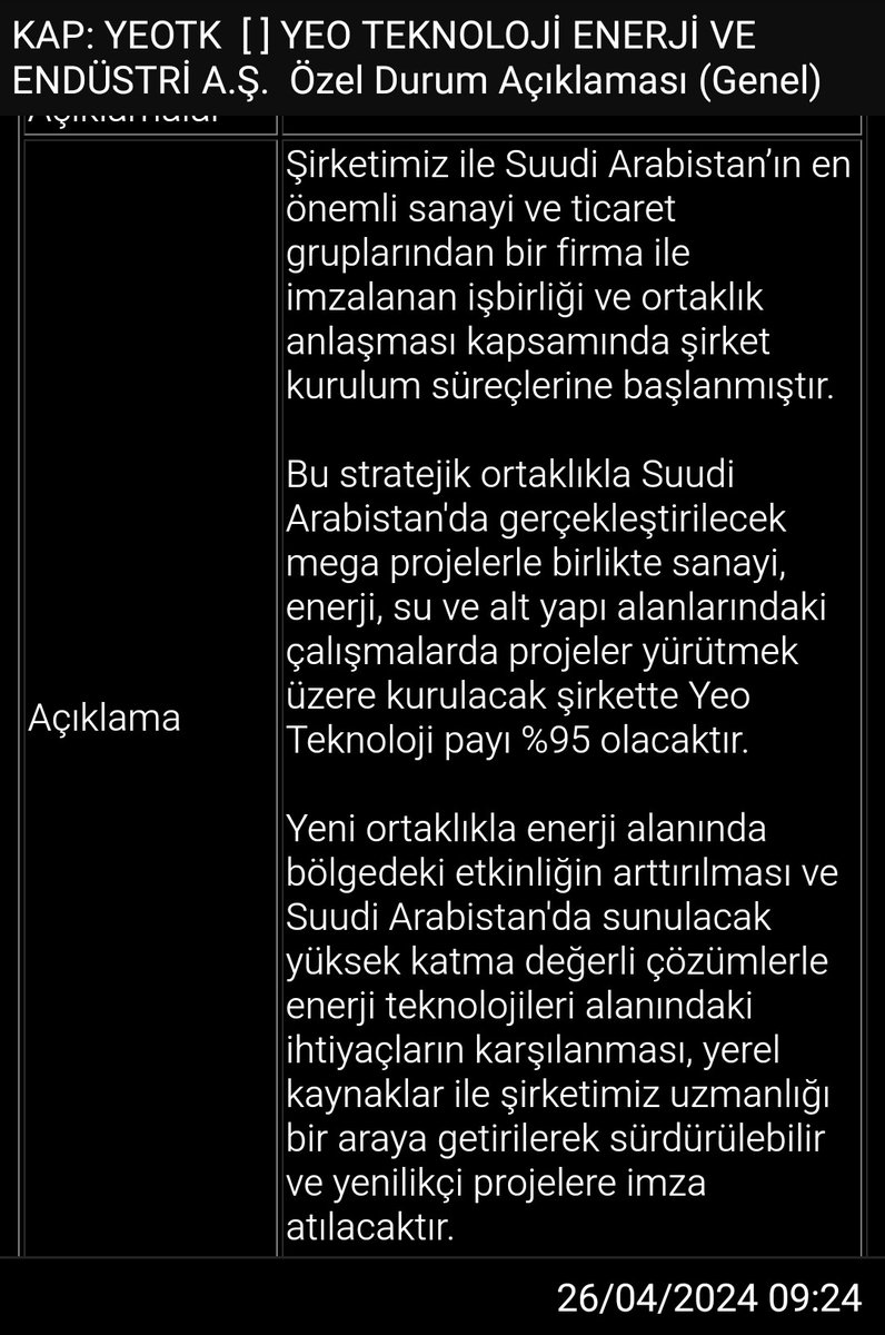 #Yeotk'imizden güzel haber. 

Suudi Arabistan'da mega projelerle birlikte sanayi, enerji, su ve alt yapı iş ve projelerini yürütmek üzere kurulacak şirkete Yeotk payı %95 olacaktır.

Bu proje, bugünden yarına olacak iş değil ama uzun vadede katma değeri çok yüksek bir iş.
Detay👇