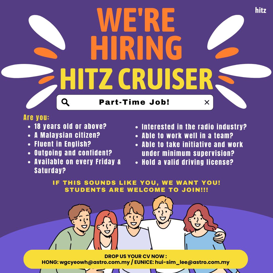 🌟 Join the HITZ Squad! 🌟 Ready to be part of the coolest crew in town? We’re looking for outgoing, confident peeps like you to join us as HITZ Cruisers! 💌 Send us your CV at wgcyeowh@astro.com.my / hui-sim_lee@astro.com.my