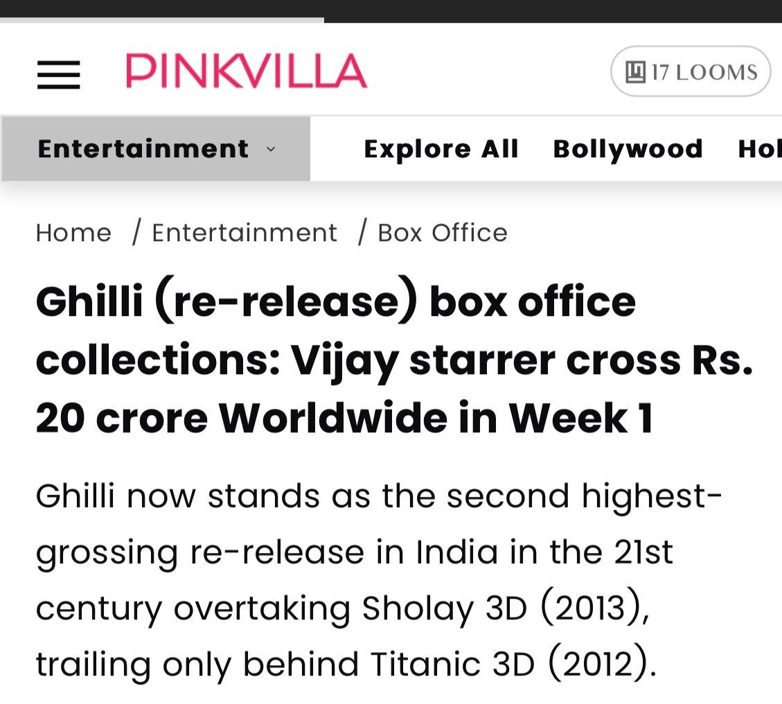 Devanayagam's tweet photo. OFFICIAL: #GhilliReRelease 6 days 21cr+ INR and now the #3 movie in the world just behind #Avatar1 and #Titanic3D which have collected the most in its re-release. PHENOMENAL LIFETIME RECORD🫡 #Ghilli #GOAT https://t.co/nE7RzwjG6R