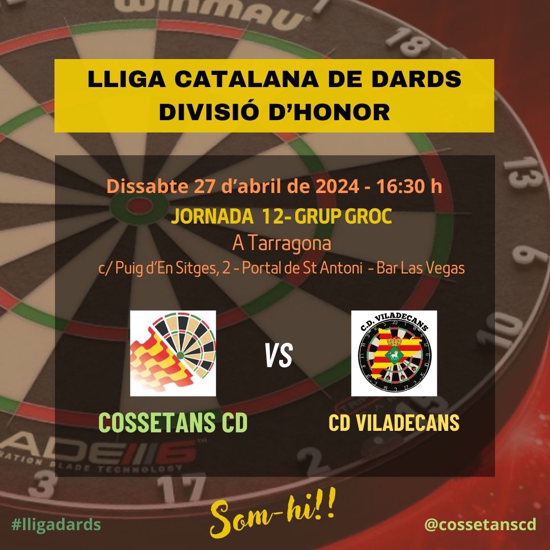 CossetansCD's tweet photo. LLIGA CATALANA Divisió d'Honor GROC 23-24
Aquest dissabte duel entre  Cossetans CD i CD Viladecans.  
Vine a gaudir del darrer partit de la Lliga d'aquesta temporada a #Tarragona 
#femesport #femdiana #dards #cossetanscd @FCDards https://t.co/tibQbwHLsq