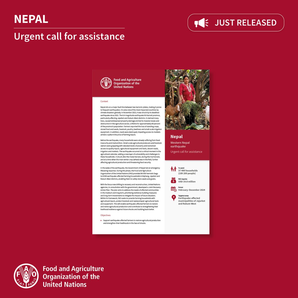 In November 2023, Nepal was struck by its deadliest earthquake since 2015. This document provides an overview of the impact of the earthquake on agriculture and #FoodSecurity as well as @FAO's planned response and funding needs until December 2024. bit.ly/3WfRjWf