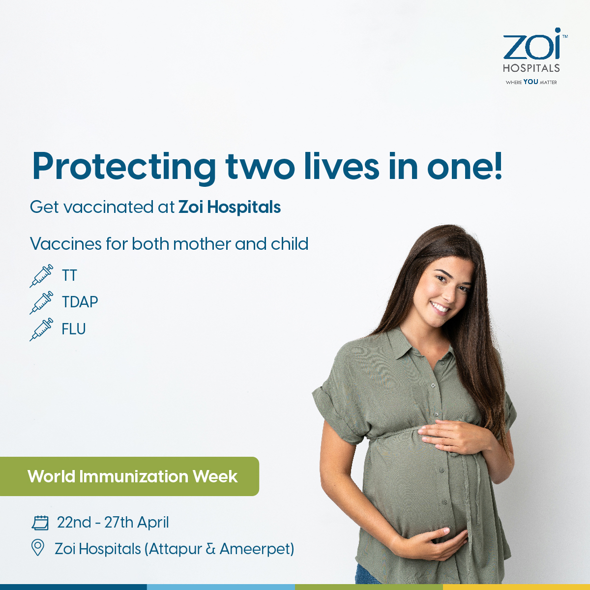Help protect your baby's health by getting #vaccinated during #pregnancy! Schedule your appointment this #WorldImmunizationWeek & learn about the recommended #vaccines for expectant mothers from our expert doctors bit.ly/4dcKNFB @ZoiHospitals. #ZoiAttapur #ZoiAmeerpet