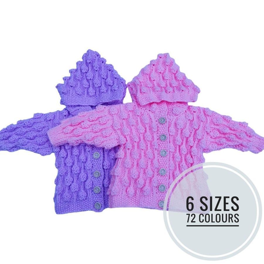 Hooded Hand Knitted Cardigan, Gender-Neutral Bobbly Pattern, Birth to 7 Years, Boys Girls, Choose Your Colour. This adorable cardigan on Etsy is perfect for both boys and girls in a variety of colors. knittingtopia.etsy.com/listing/155430… #knittingtopia #handmade #craftbizparty #MHHSBD