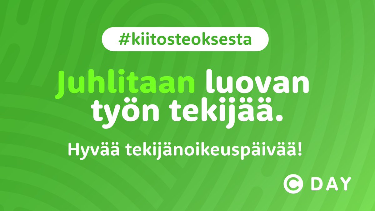Hyvää tekijänoikeuspäivää!💚Mikä teos on tehnyt lähtemättömän vaikutuksen? Mistä teoksesta sait voimaa? Kerro mikä ja kenen teos teki vaikutuksen ja miksi. Kiitä somessa tekijää teoksesta, tägää @luovatry ja tekijä, käytä hashtageja #kiitosteoksesta #tekijänoikeuspäivä #cday
