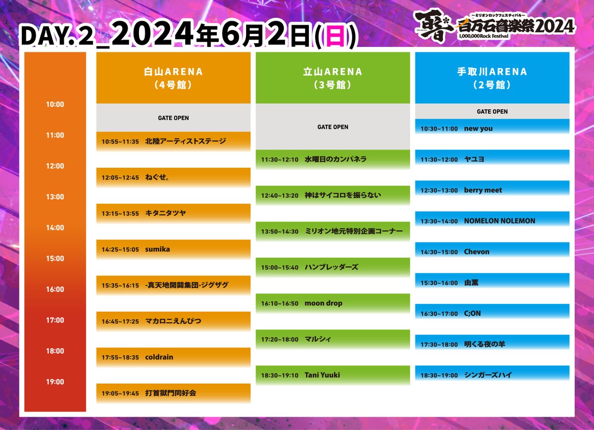 ＼タイムテーブル発表🎉🎉／

🏯百万石音楽祭2024🏯
〜ミリオンロックフェスティバル〜
2024年6月1日(土)-2日(日)

チケット3次受付開始！！
🔽お申込みはコチラ！🎟️
millionrock.com

#百万石音楽祭
#ミリオンロック