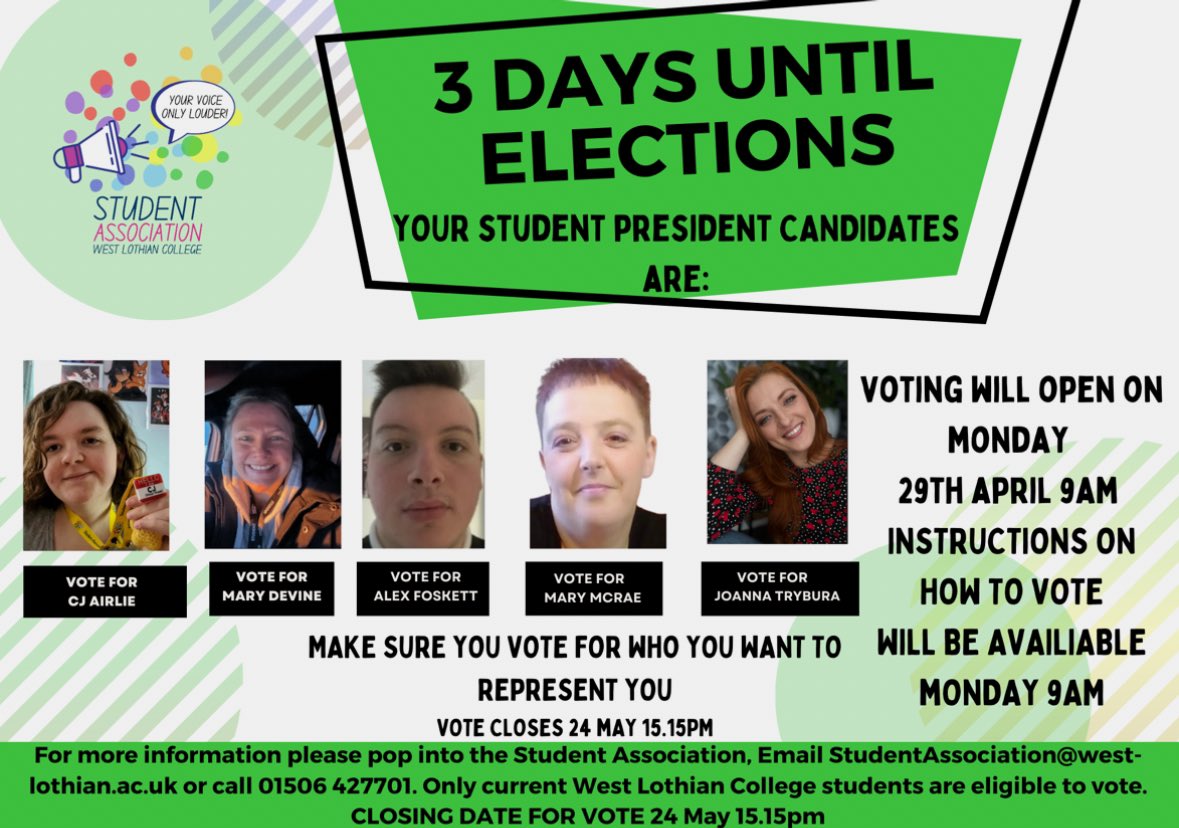 3 days until the student vote! Students choose! #studentvoice #democratic Please note the QR Codes will not be active until Monday 9am, only current @WestLoCollege students are eligible to vote! @NUSScotland